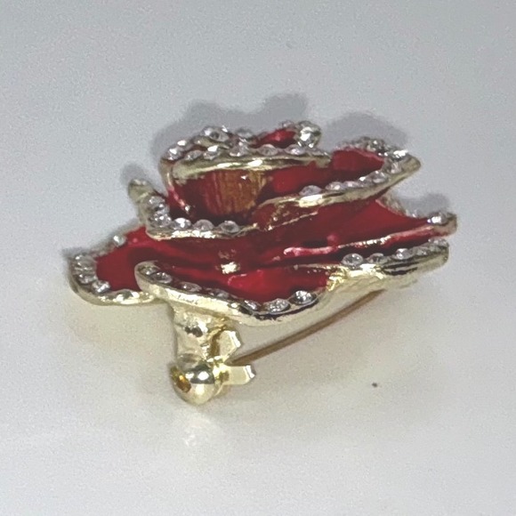 Red Rose Enamel Rhinestone Brooch Pin Gold-Tone 1.25" Floral Statement - Picture 4 of 6